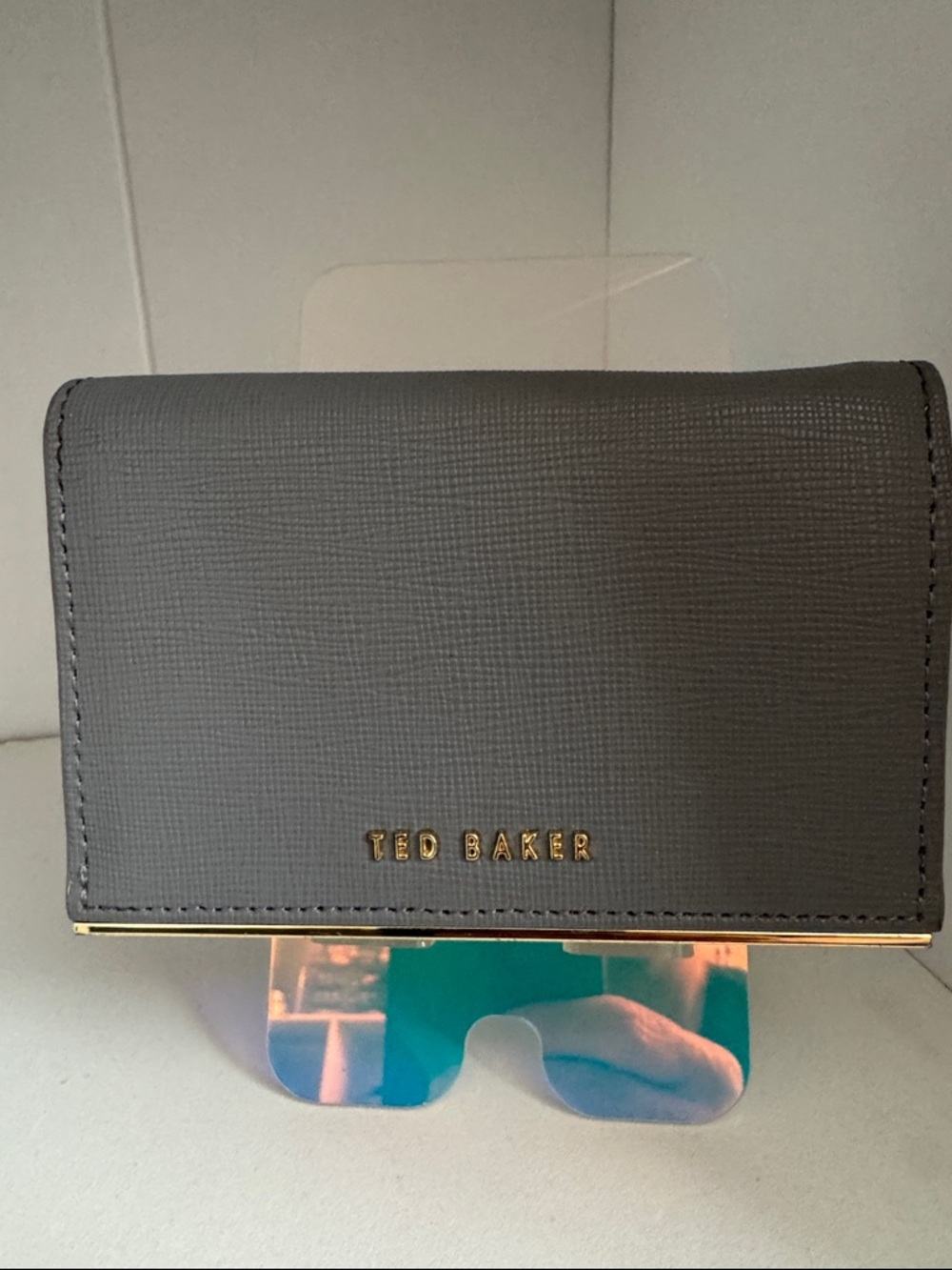 Ted Baker Gray Textured Leather Compact Wallet with Gold Trim